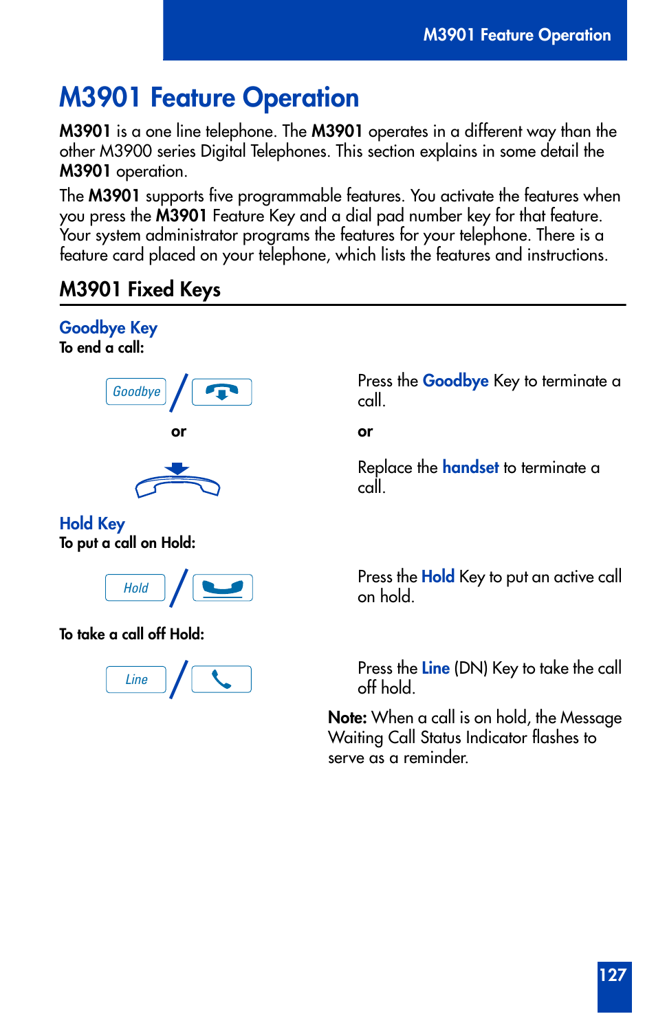 M3901 feature operation, M3901 fixed keys | Nortel Networks Meridian M3902 User Manual | Page 127 / 146