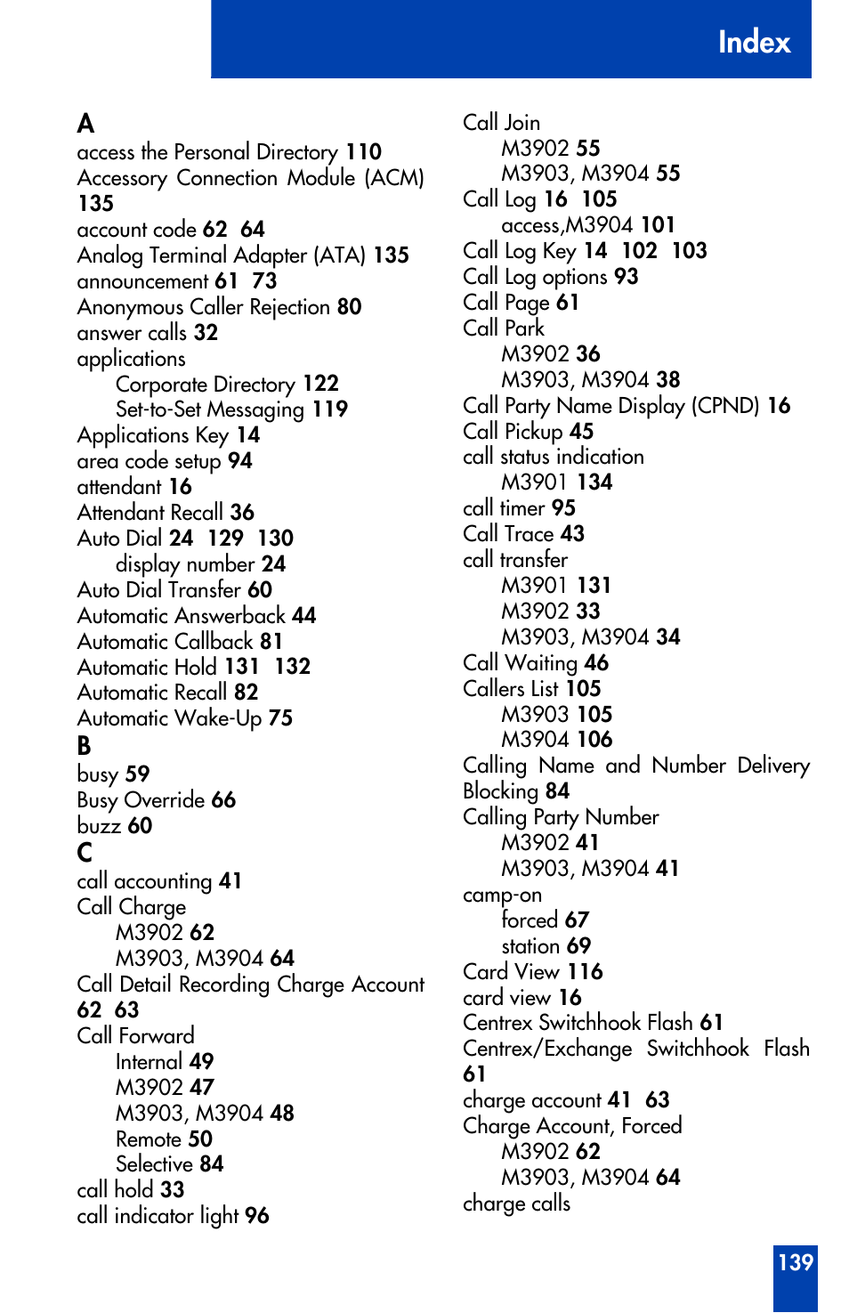 Index | Nortel Networks Meridian M3902 User Manual | Page 139 / 146