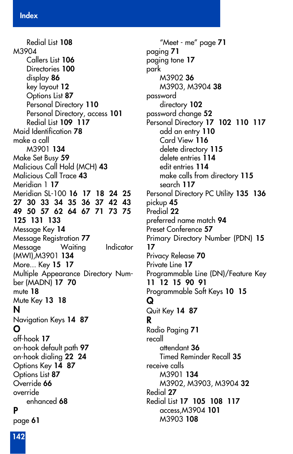 Nortel Networks Meridian M3902 User Manual | Page 142 / 146