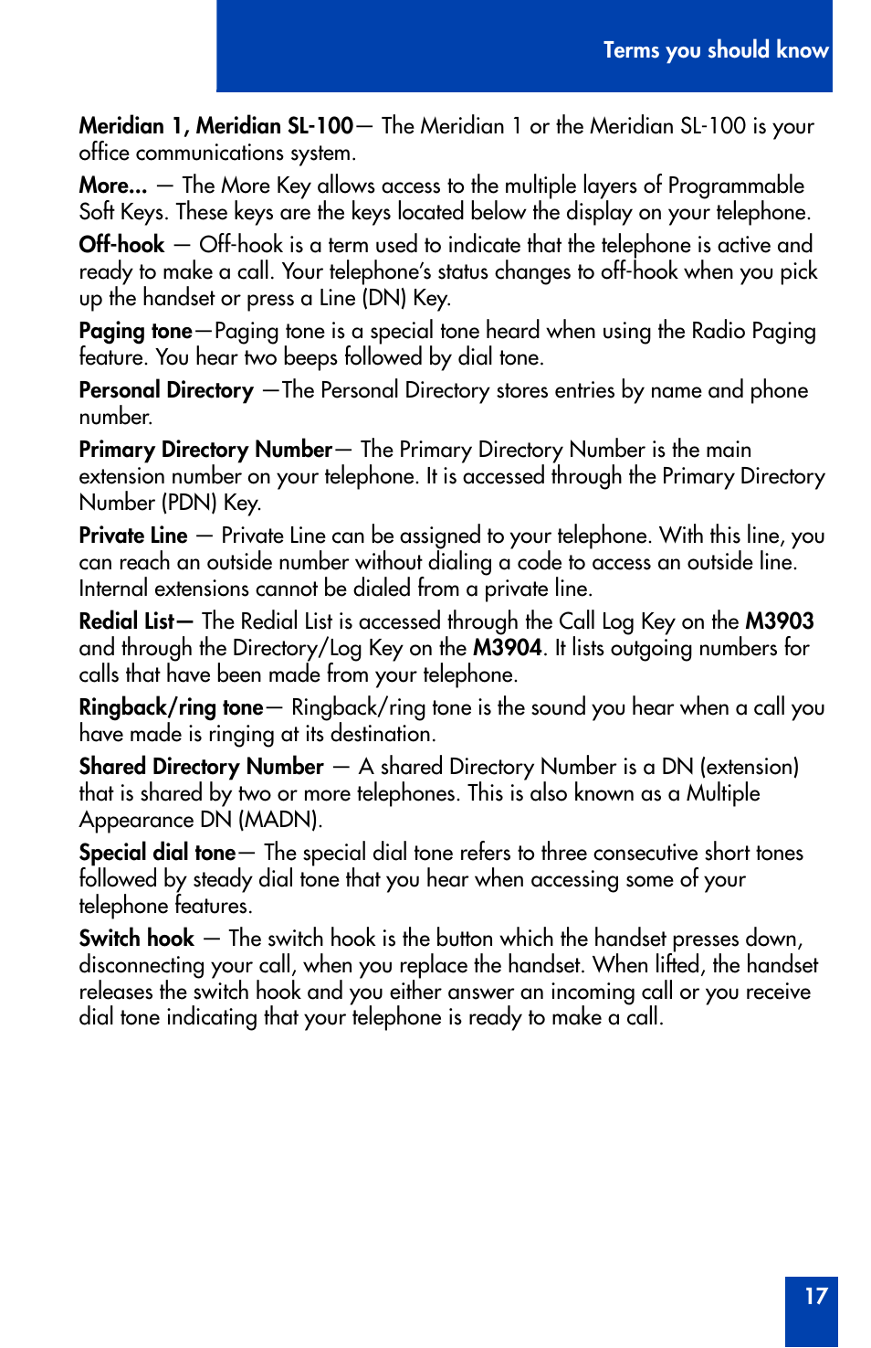 Nortel Networks Meridian M3902 User Manual | Page 17 / 146