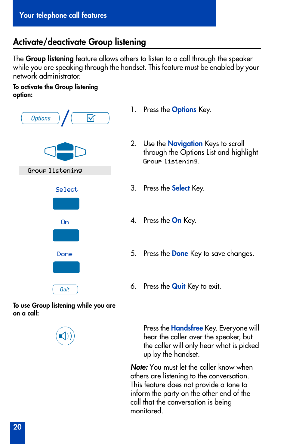 Activate/deactivate group listening | Nortel Networks Meridian M3902 User Manual | Page 20 / 146