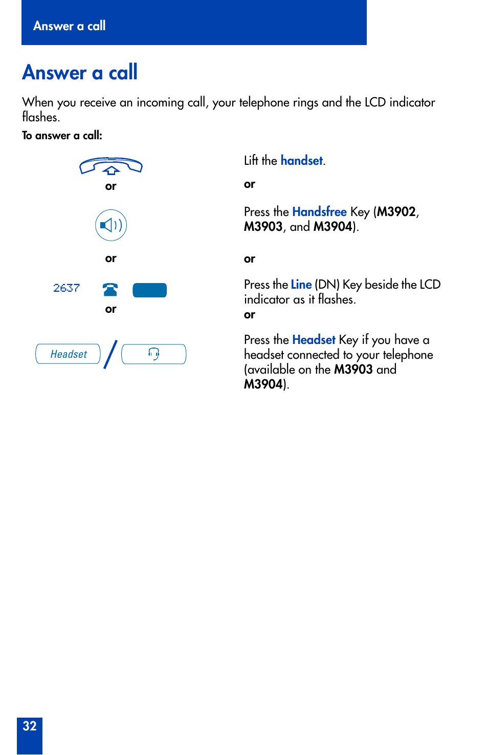 Answer a call | Nortel Networks Meridian M3902 User Manual | Page 32 / 146