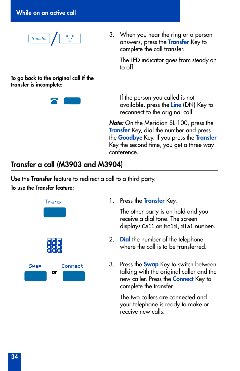 Transfer a call (m3903 and m3904) | Nortel Networks Meridian M3902 User Manual | Page 34 / 146