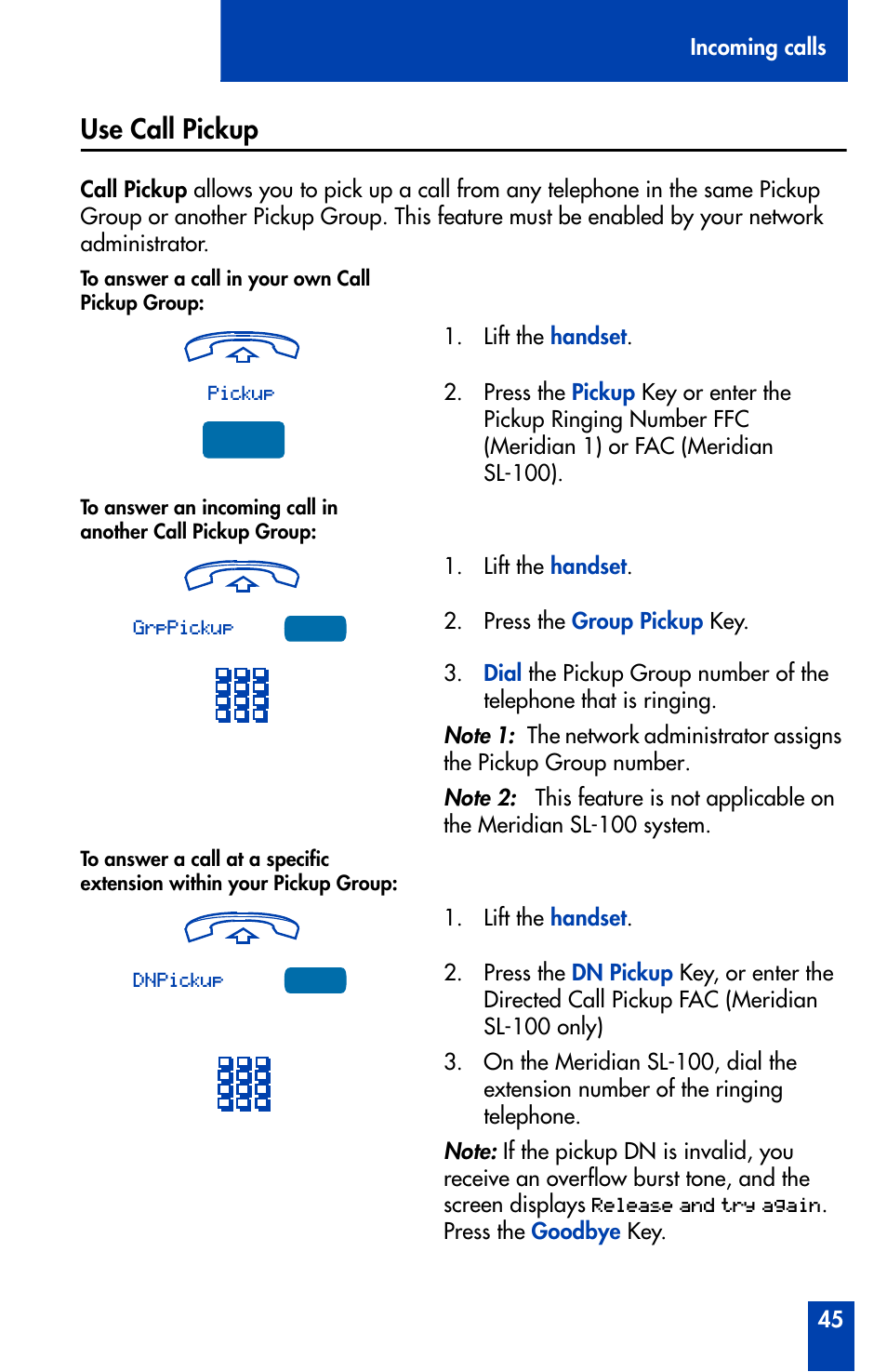 Use call pickup | Nortel Networks Meridian M3902 User Manual | Page 45 / 146