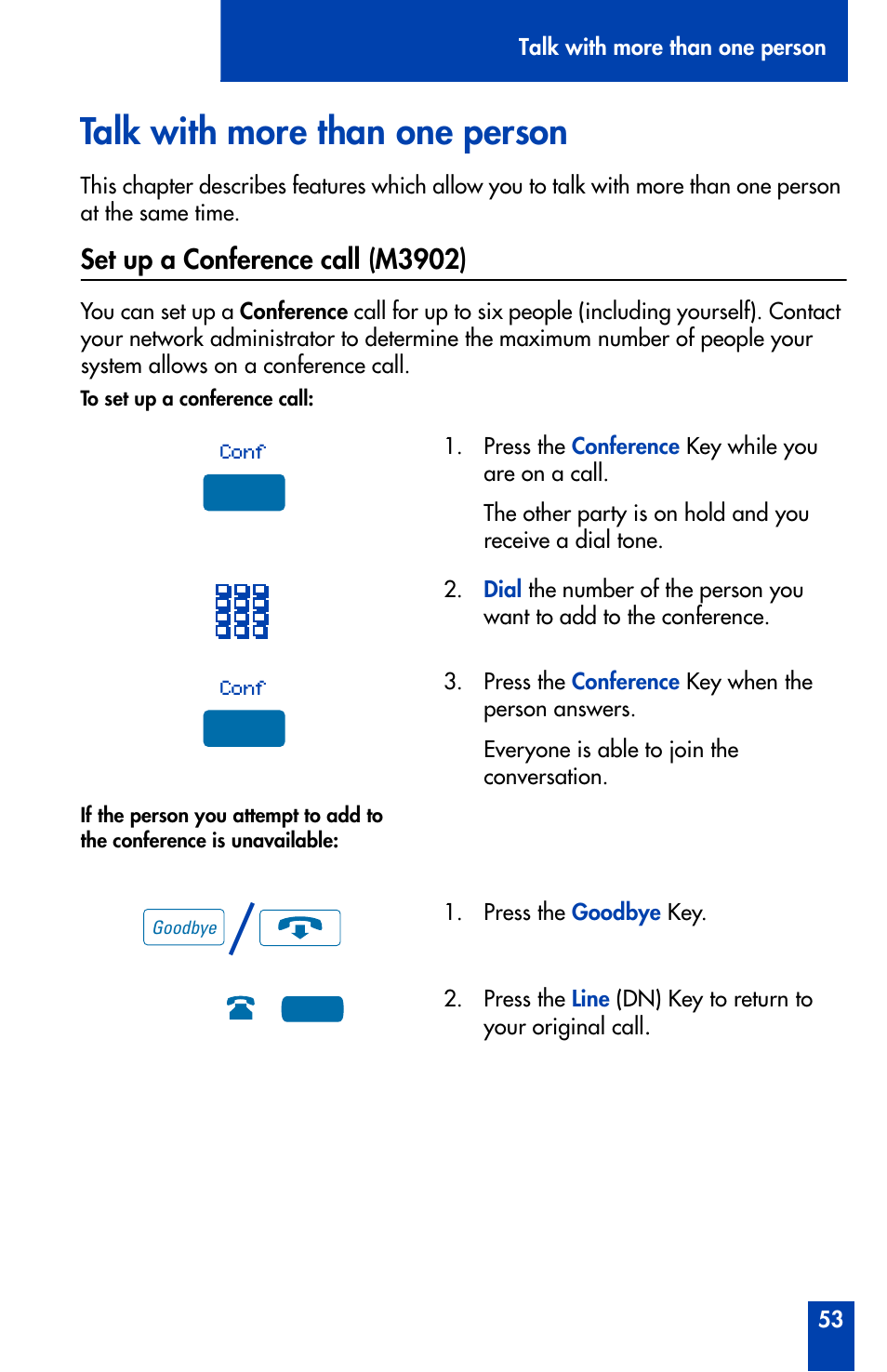 Talk with more than one person, Set up a conference call (m3902) | Nortel Networks Meridian M3902 User Manual | Page 53 / 146