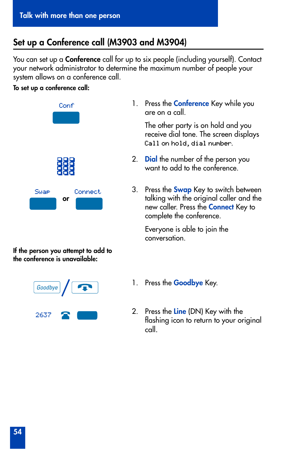 Set up a conference call (m3903 and m3904) | Nortel Networks Meridian M3902 User Manual | Page 54 / 146