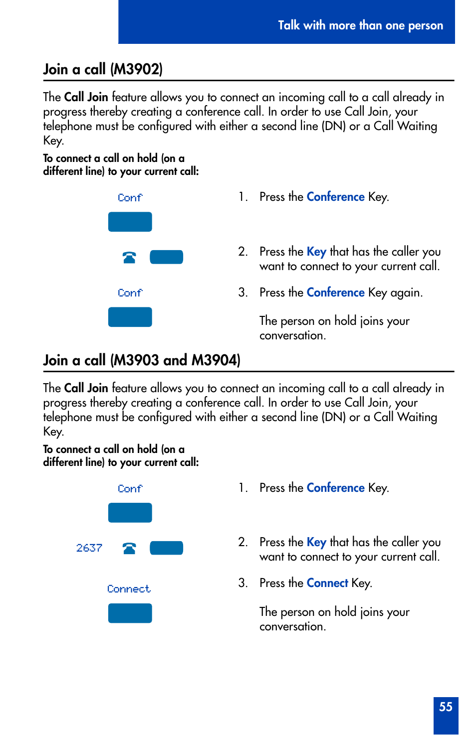 Join a call (m3902), Join a call (m3903 and m3904), Join a call (m3902) join a call (m3903 and m3904) | Nortel Networks Meridian M3902 User Manual | Page 55 / 146