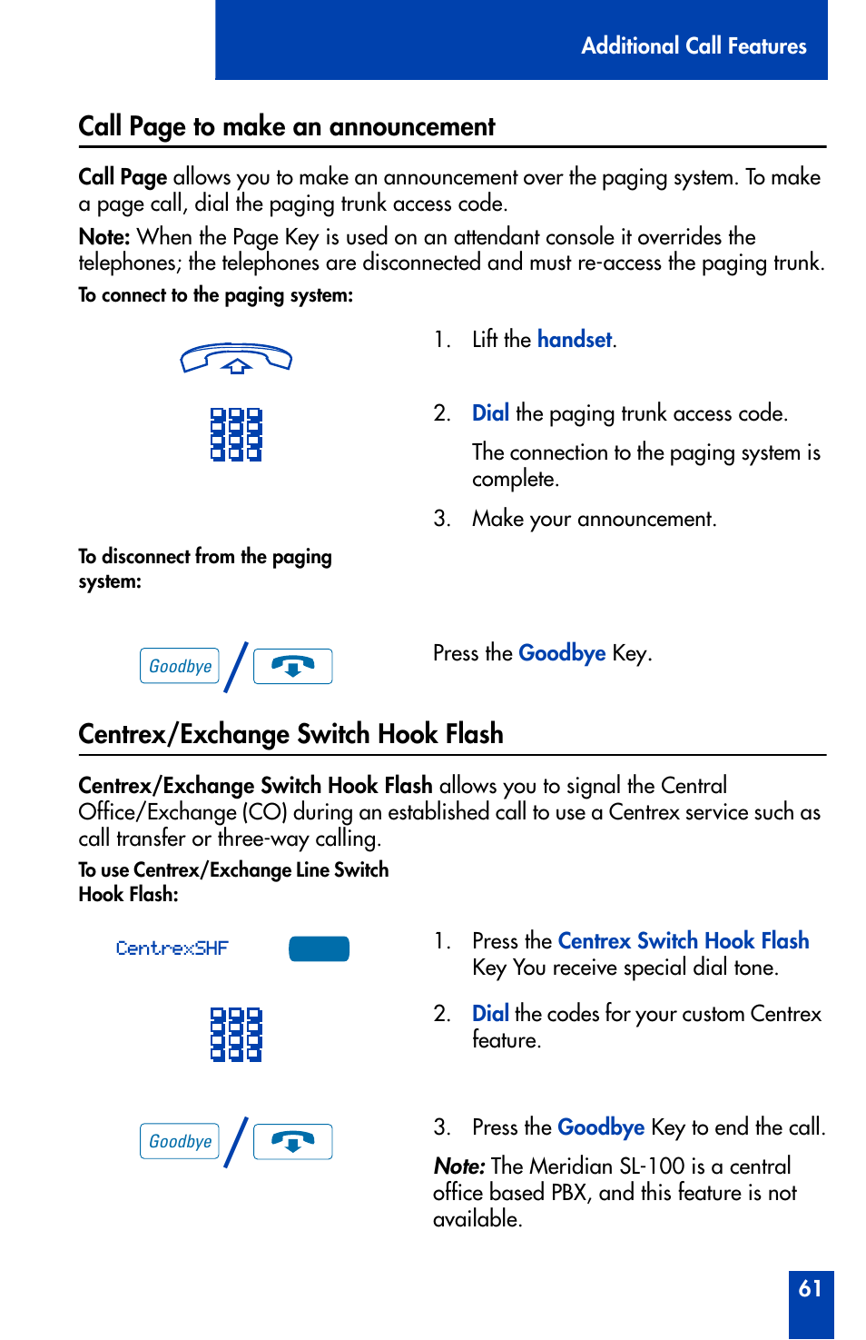 Centrex/exchange switch hook flash, Call page to make an announcement | Nortel Networks Meridian M3902 User Manual | Page 61 / 146