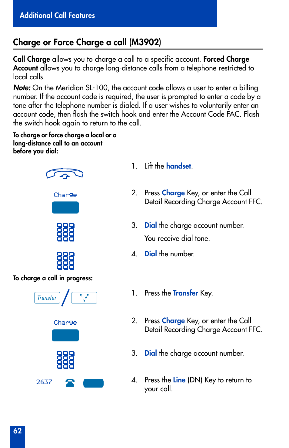 Charge or force charge a call (m3902) | Nortel Networks Meridian M3902 User Manual | Page 62 / 146