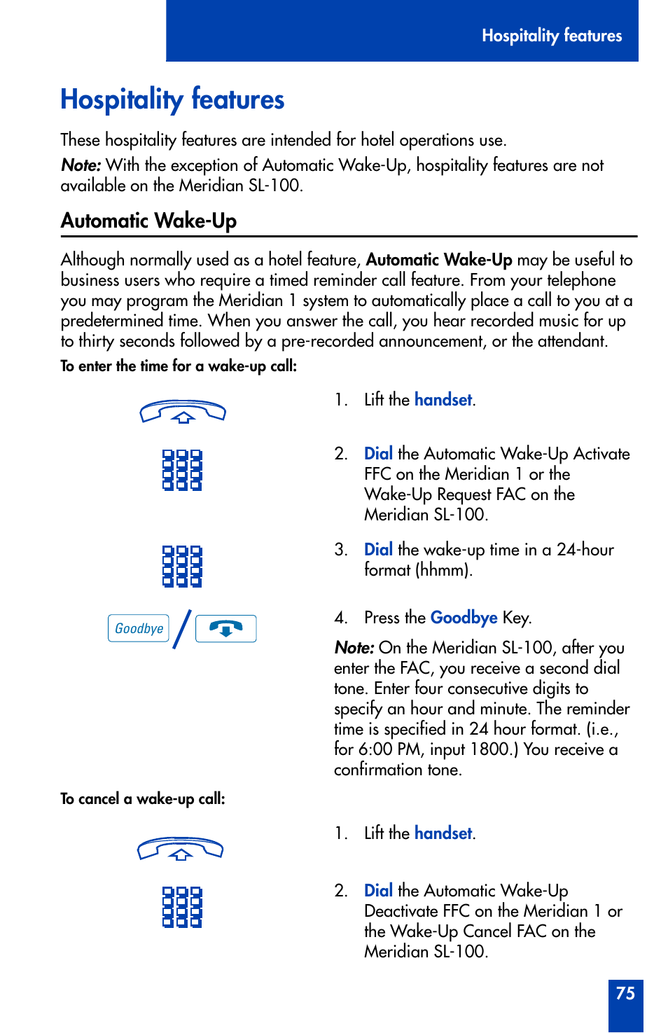 Hospitality features, Automatic wake-up | Nortel Networks Meridian M3902 User Manual | Page 75 / 146