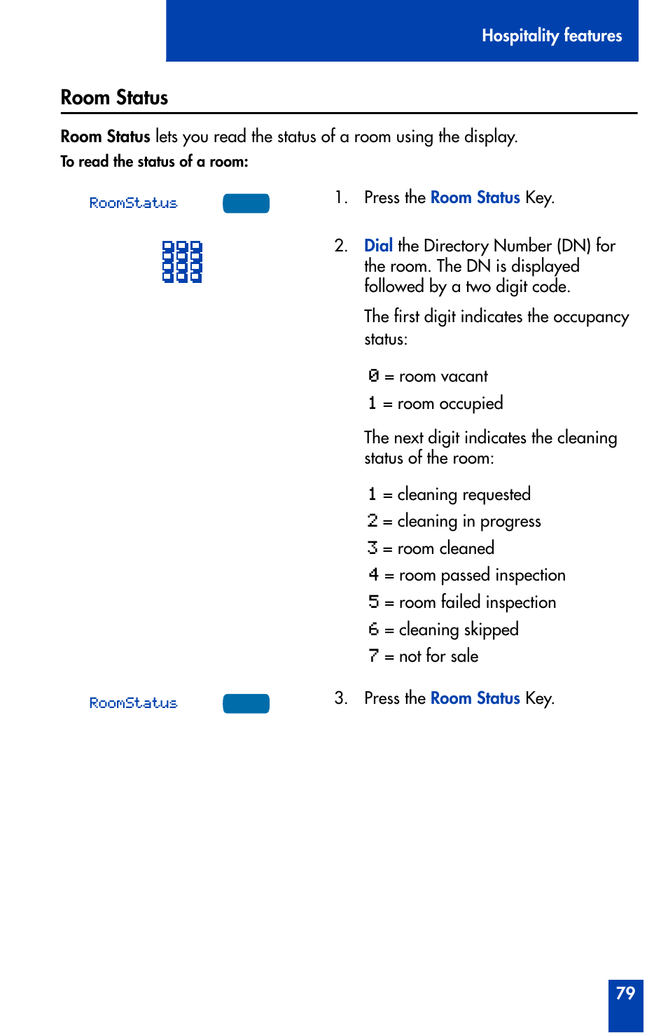 Room status | Nortel Networks Meridian M3902 User Manual | Page 79 / 146