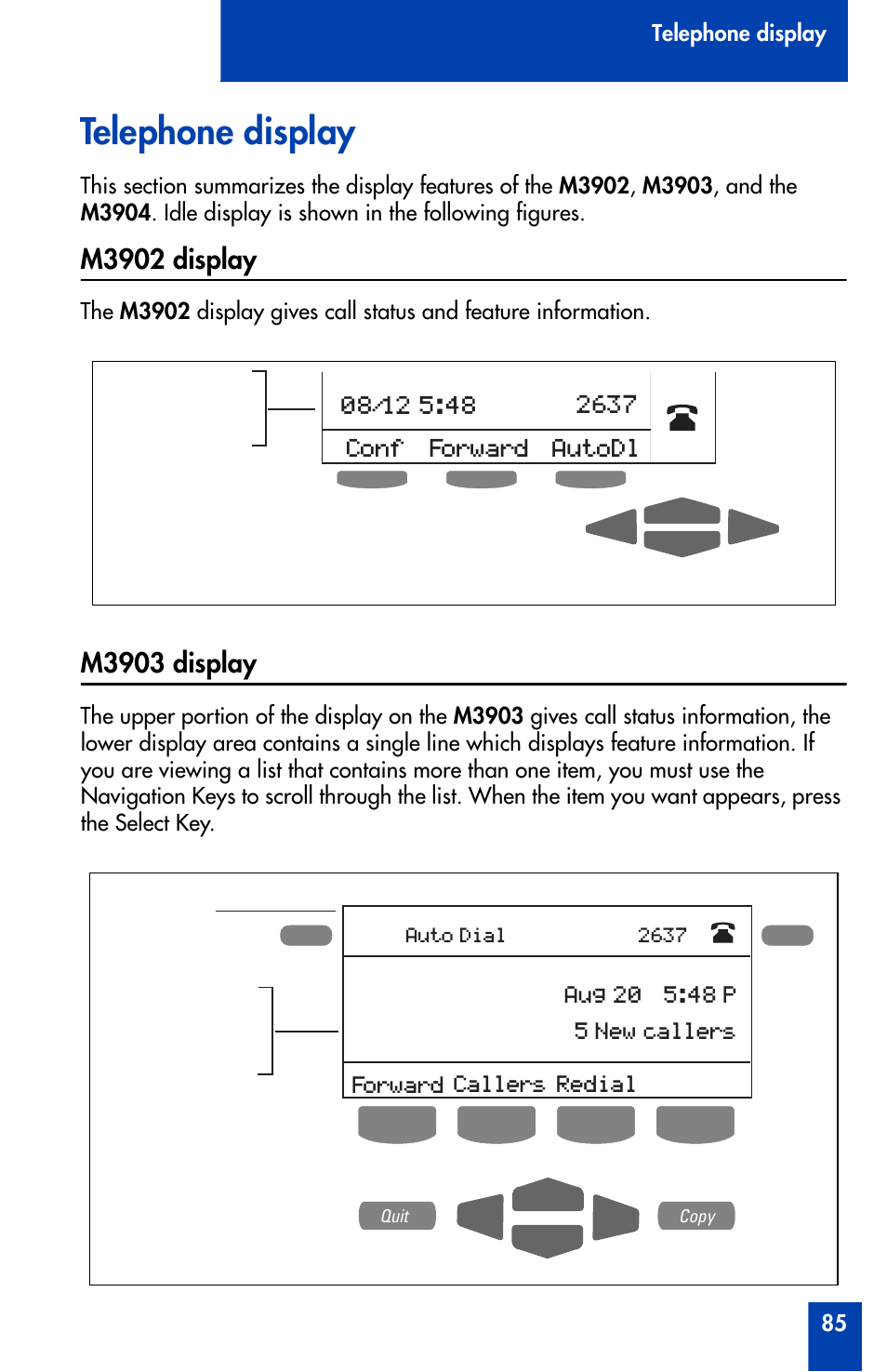 Telephone display, M3902 display, M3903 display | M3902 display m3903 display, 2637 conf forward | Nortel Networks Meridian M3902 User Manual | Page 85 / 146