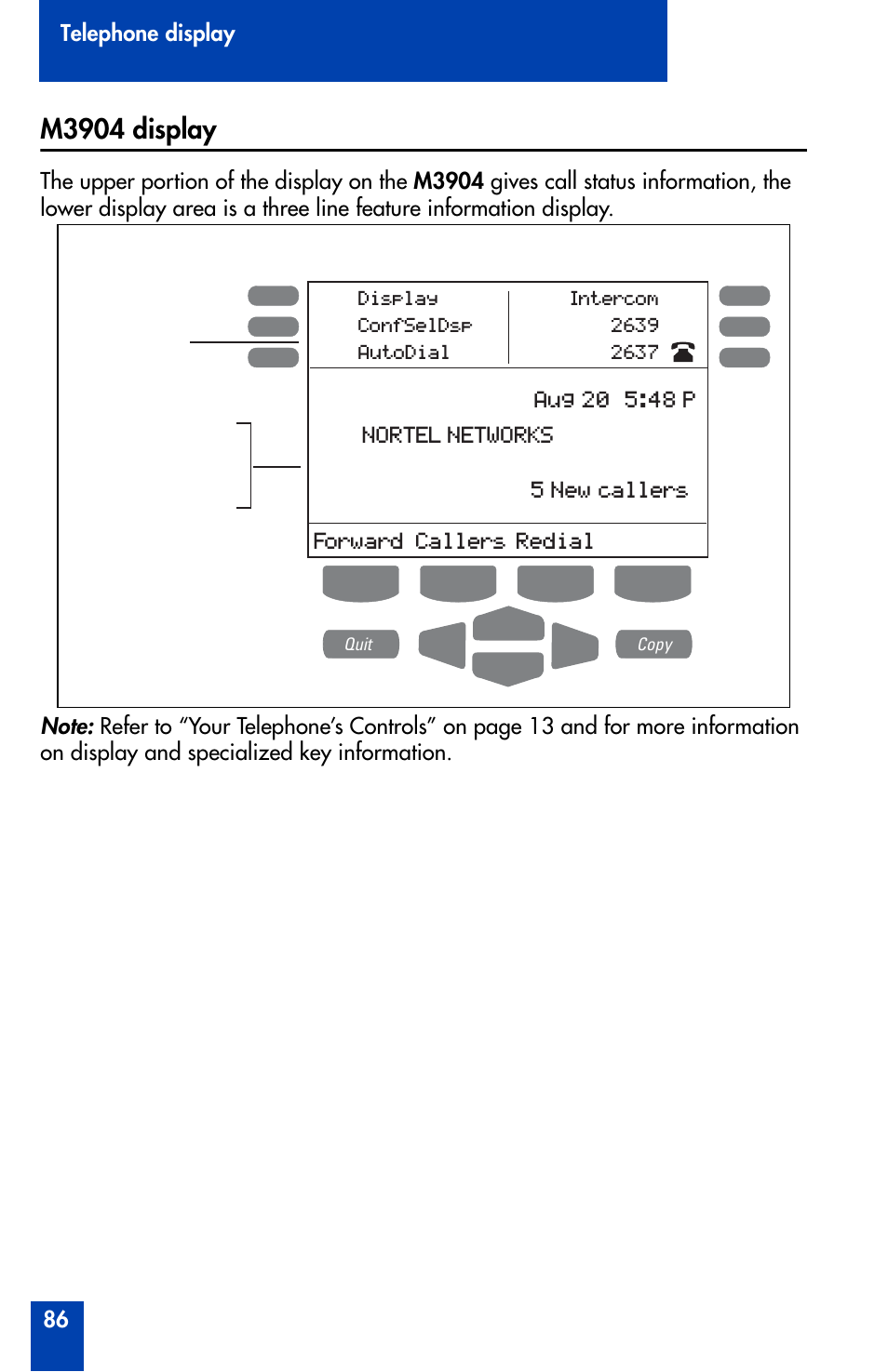 M3904 display, Callers redial | Nortel Networks Meridian M3902 User Manual | Page 86 / 146