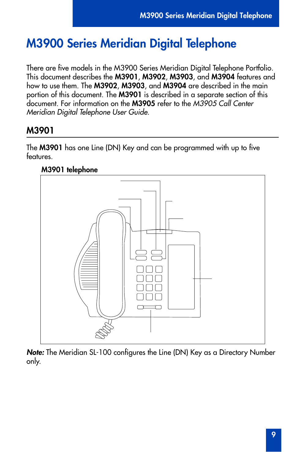 M3900 series meridian digital telephone, M3901 | Nortel Networks Meridian M3902 User Manual | Page 9 / 146