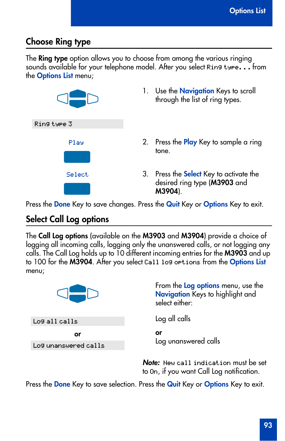 Choose ring type, Select call log options, Choose ring type select call log options | Nortel Networks Meridian M3902 User Manual | Page 93 / 146