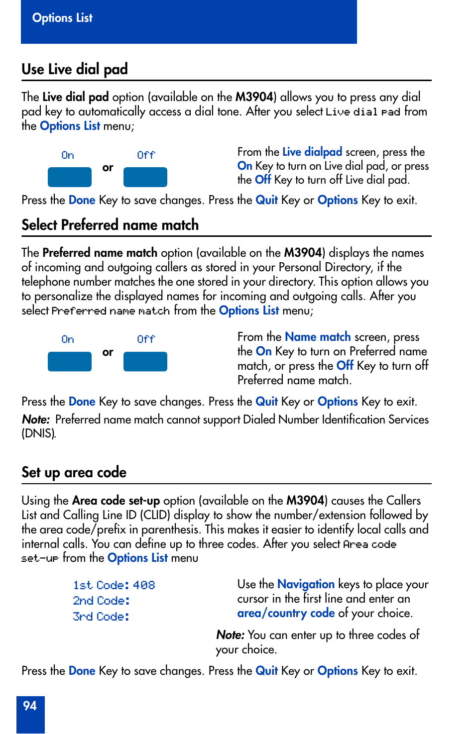 Use live dial pad, Select preferred name match, Set up area code | Select preferred name match set up area code | Nortel Networks Meridian M3902 User Manual | Page 94 / 146