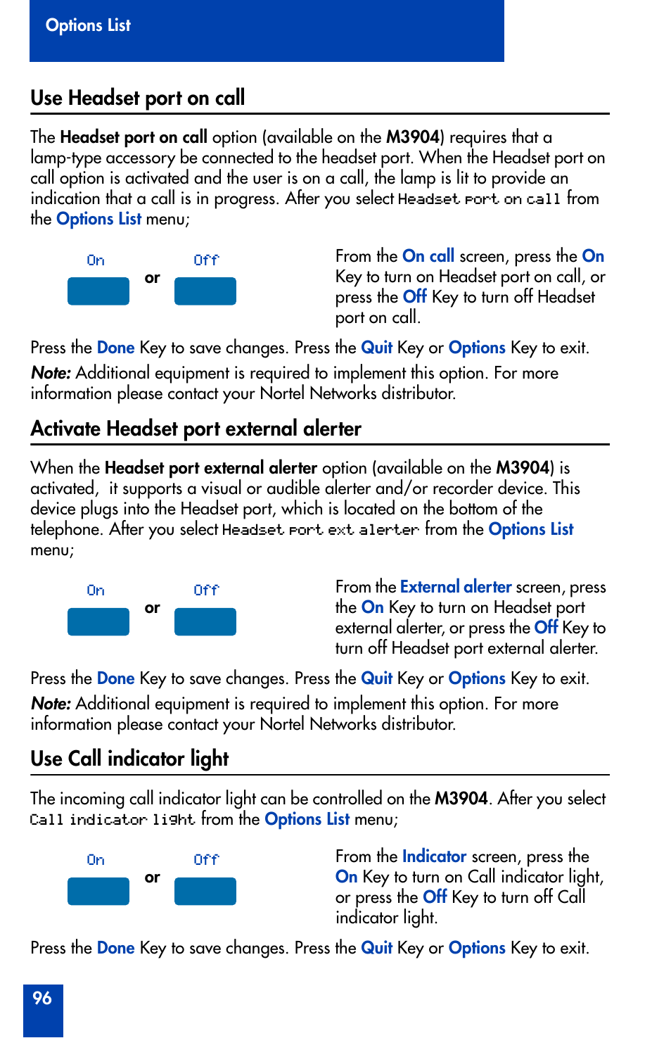 Use headset port on call, Activate headset port external alerter, Use call indicator light | Nortel Networks Meridian M3902 User Manual | Page 96 / 146