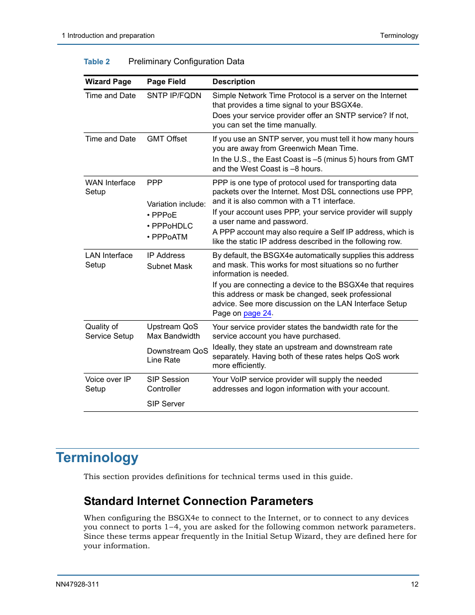 Terminology, Standard internet connection parameters, Table 2 | Nortel Networks Nortel Business Services Gateway BSGX4e User Manual | Page 11 / 31