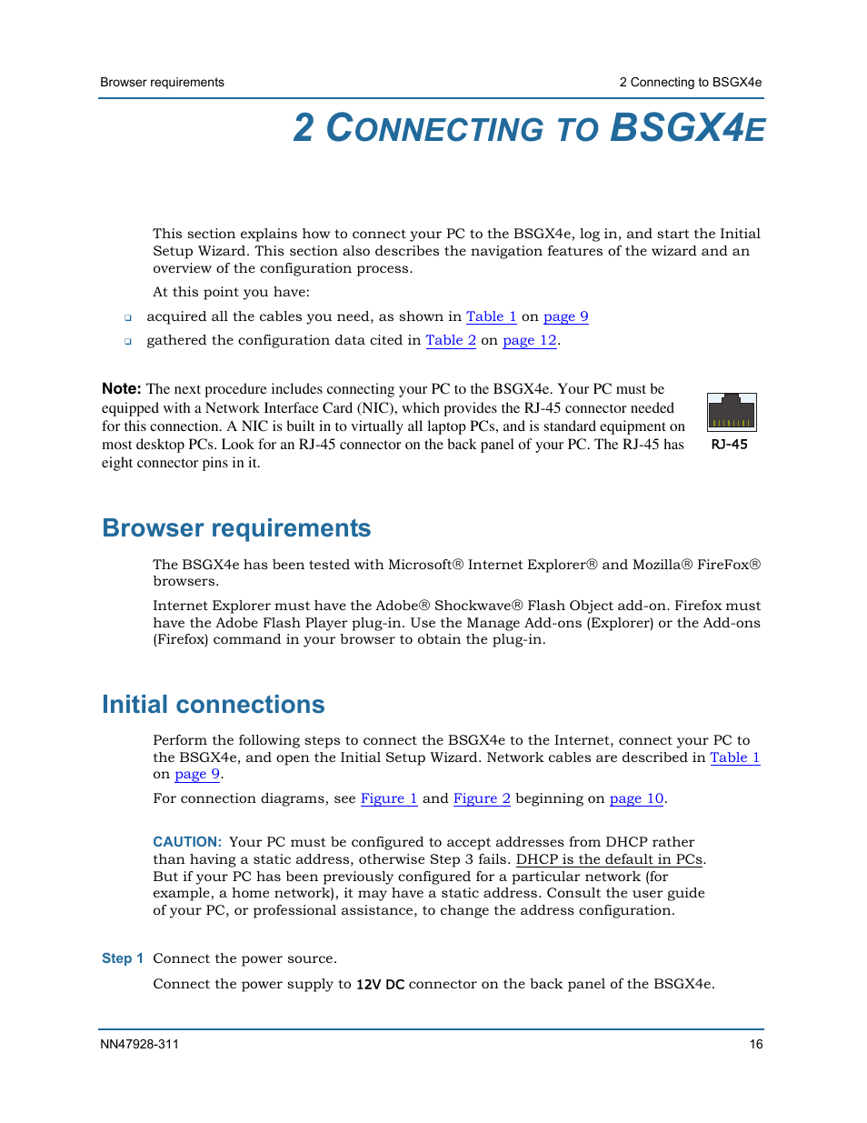 2 connecting to bsgx4e, Browser requirements, Initial connections | Browser requirements initial connections, Bsgx4, Onnecting | Nortel Networks Nortel Business Services Gateway BSGX4e User Manual | Page 15 / 31