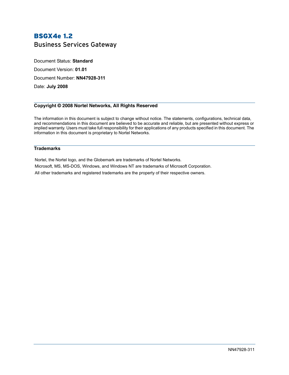 Bsgx4e 1.2 business services gateway | Nortel Networks Nortel Business Services Gateway BSGX4e User Manual | Page 2 / 31