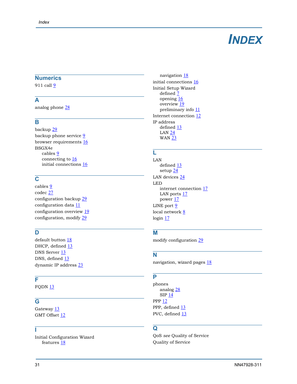 Index, Ndex | Nortel Networks Nortel Business Services Gateway BSGX4e User Manual | Page 30 / 31