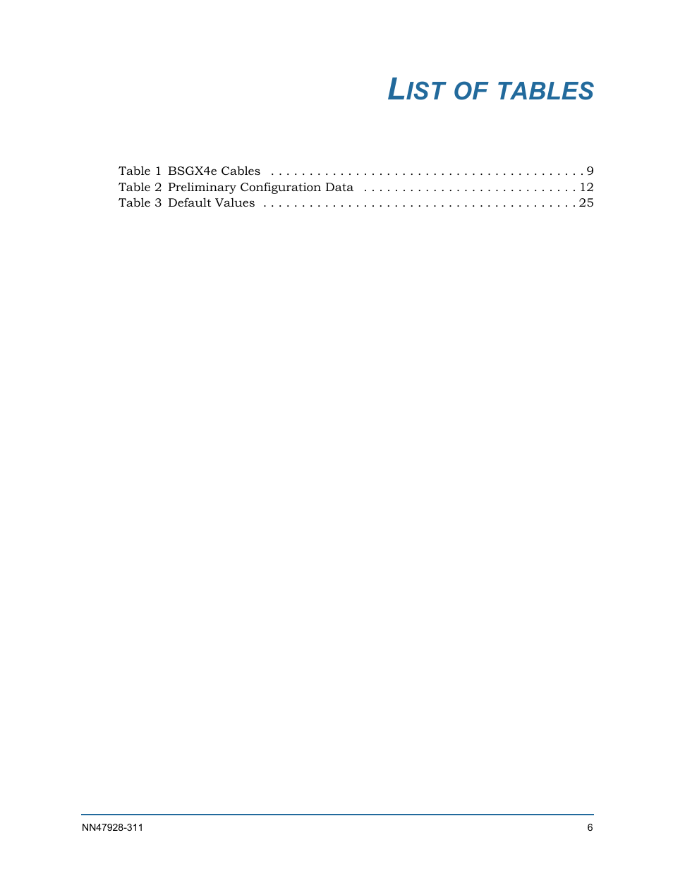 List of tables | Nortel Networks Nortel Business Services Gateway BSGX4e User Manual | Page 5 / 31