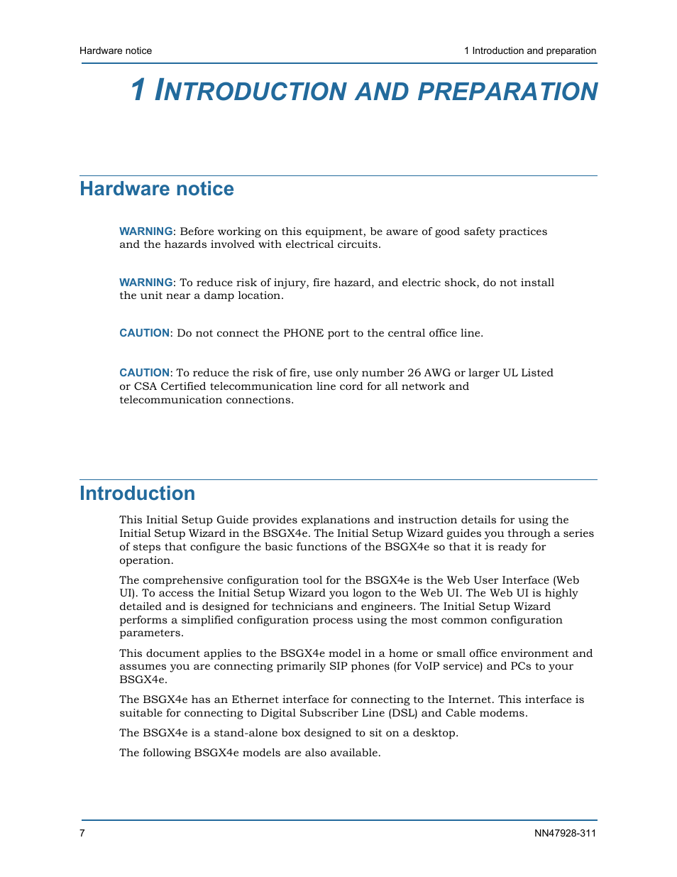 1 introduction and preparation, Hardware notice, Introduction | Hardware notice introduction, Ntroduction, Preparation | Nortel Networks Nortel Business Services Gateway BSGX4e User Manual | Page 6 / 31