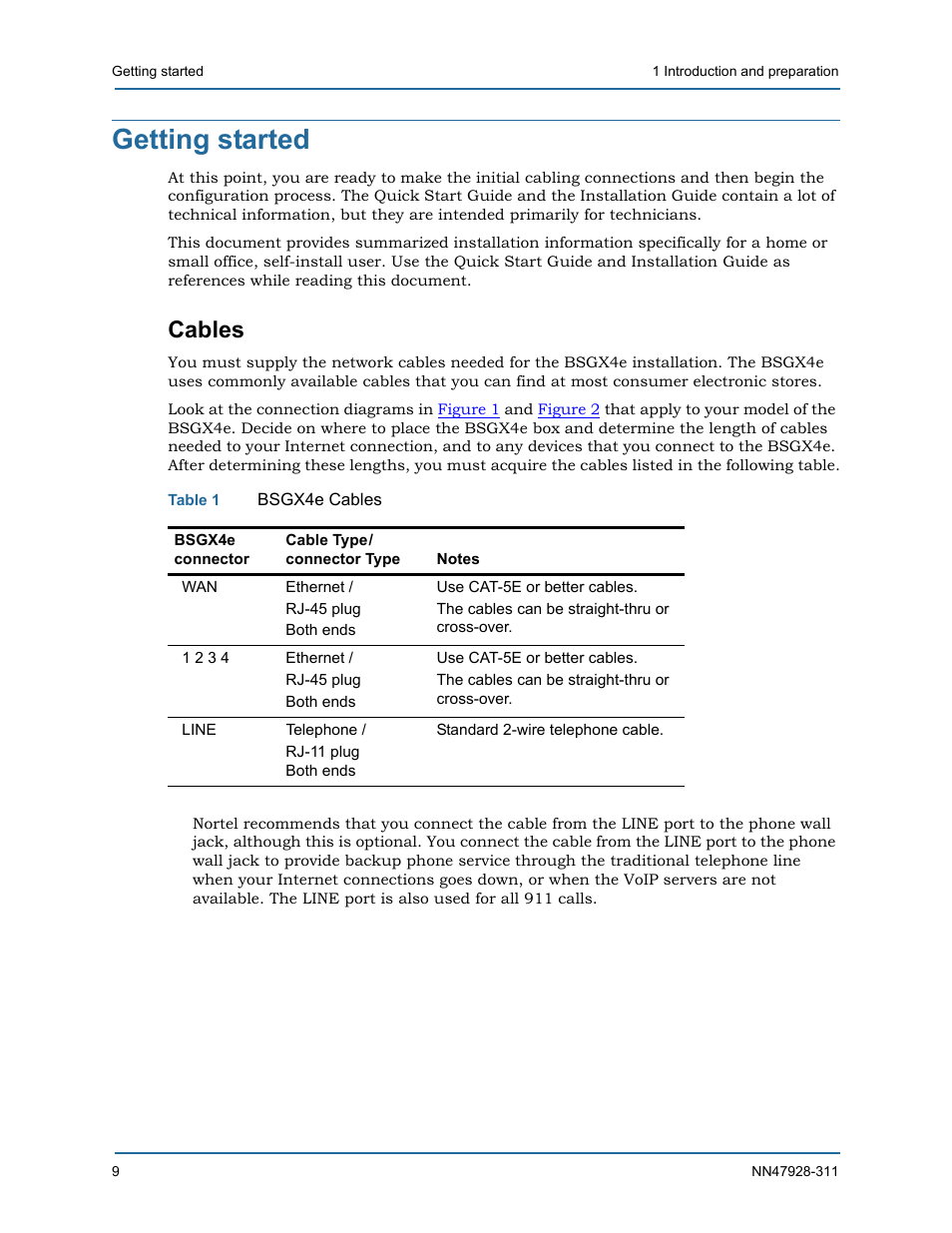 Getting started, Cables | Nortel Networks Nortel Business Services Gateway BSGX4e User Manual | Page 8 / 31
