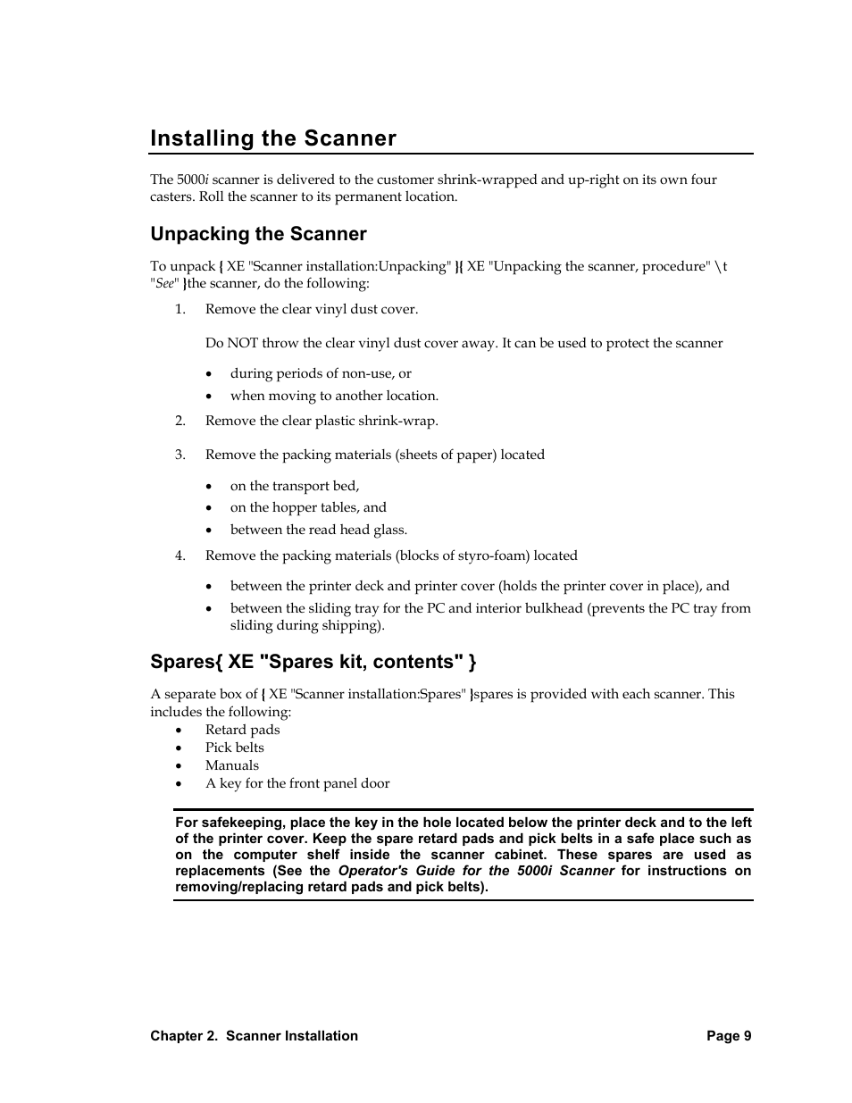 Installing the scanner, Unpacking the scanner, Spares xe "spares kit, contents | Unpacking the scanner spares, Spares{ xe "spares kit, contents | Nortel Networks 5000i User Manual | Page 21 / 54