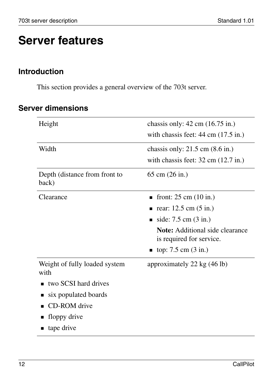 Server features, Introduction, Server dimensions | Nortel Networks CALLPILOT 555-7101-226 User Manual | Page 12 / 72