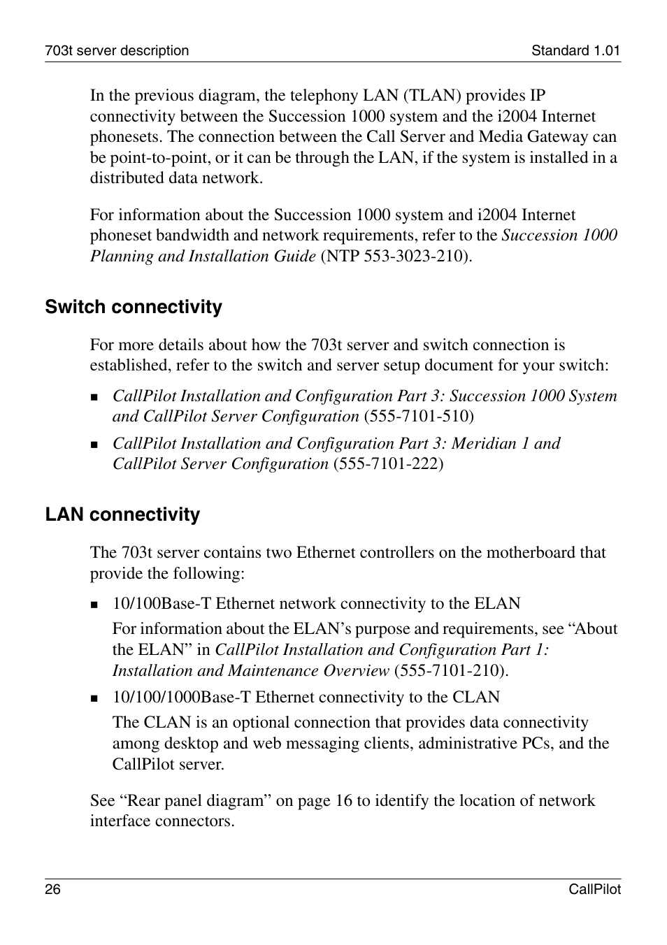 Switch connectivity, Lan connectivity | Nortel Networks CALLPILOT 555-7101-226 User Manual | Page 26 / 72