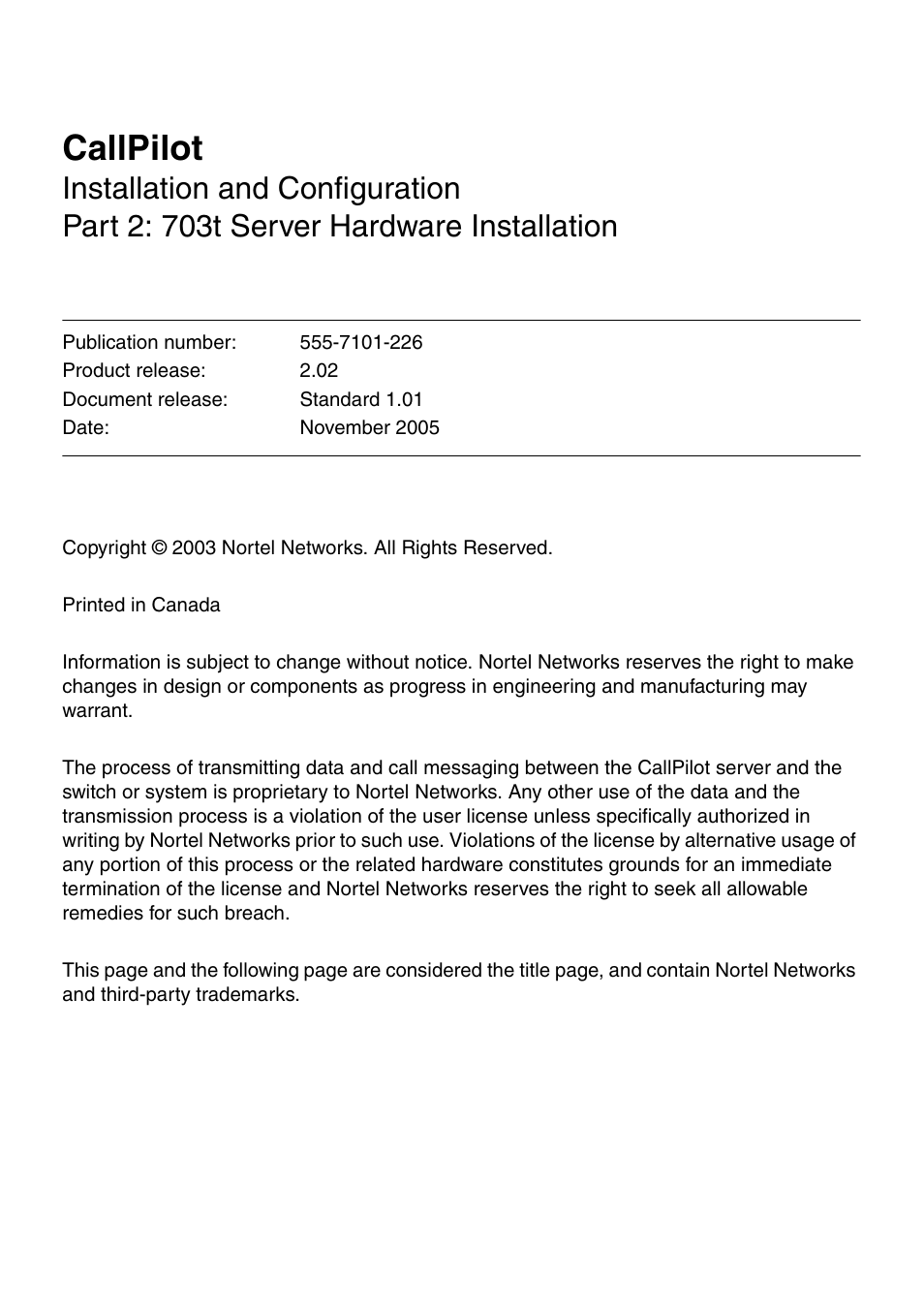 Callpilot | Nortel Networks CALLPILOT 555-7101-226 User Manual | Page 3 / 72