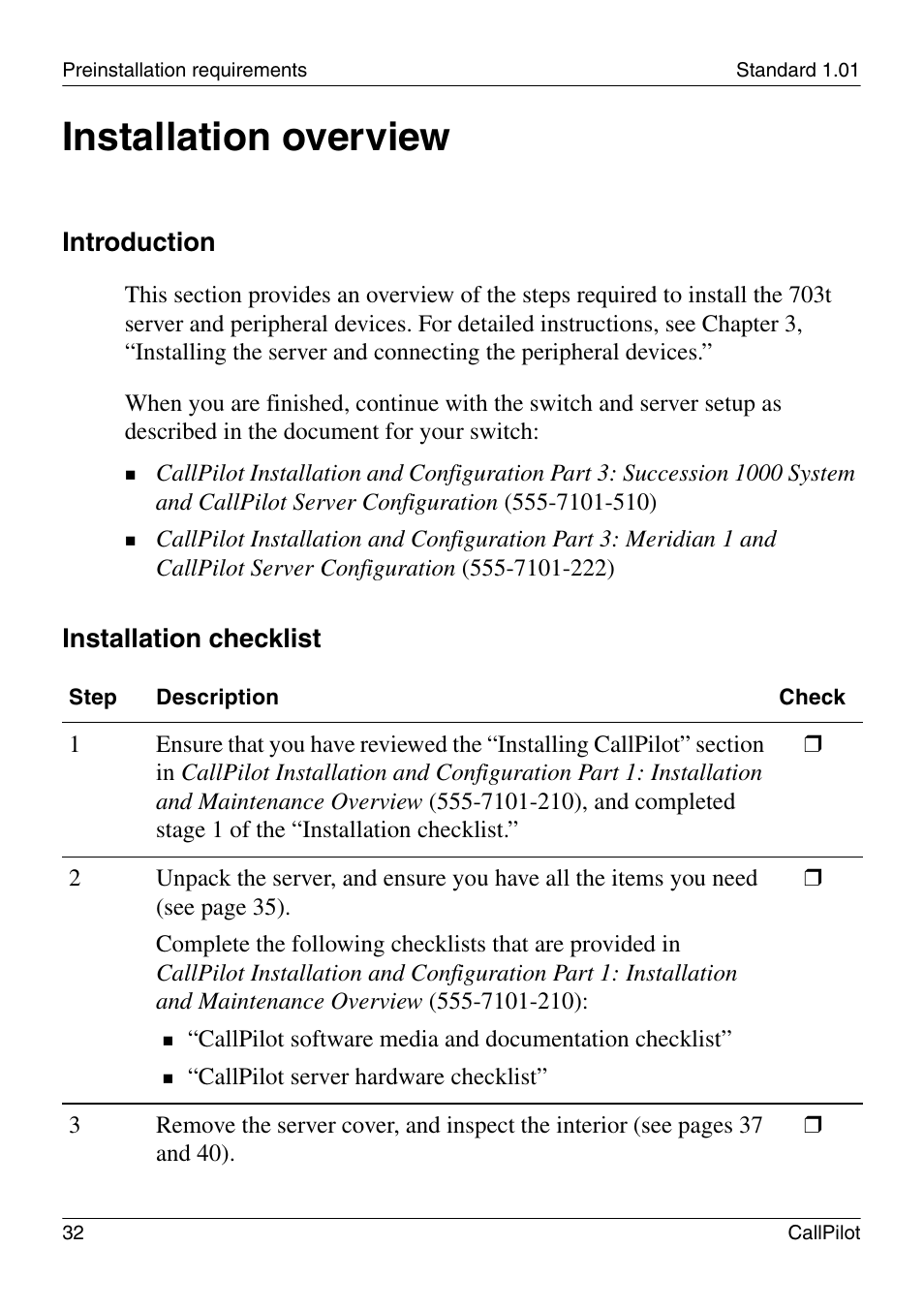 Installation overview, Introduction, Installation checklist | Nortel Networks CALLPILOT 555-7101-226 User Manual | Page 32 / 72
