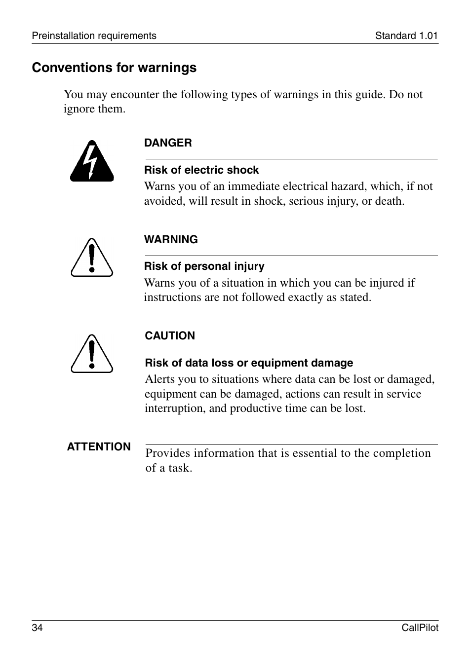 Conventions for warnings | Nortel Networks CALLPILOT 555-7101-226 User Manual | Page 34 / 72