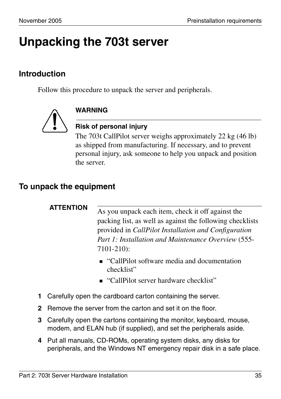 Unpacking the 703t server, Introduction | Nortel Networks CALLPILOT 555-7101-226 User Manual | Page 35 / 72