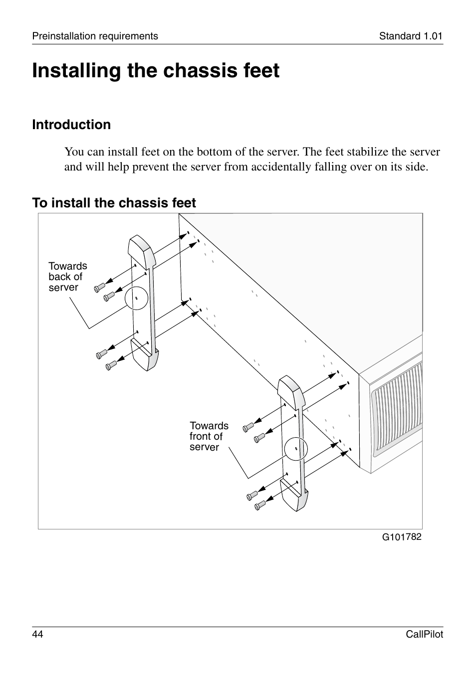 Installing the chassis feet, Introduction | Nortel Networks CALLPILOT 555-7101-226 User Manual | Page 44 / 72