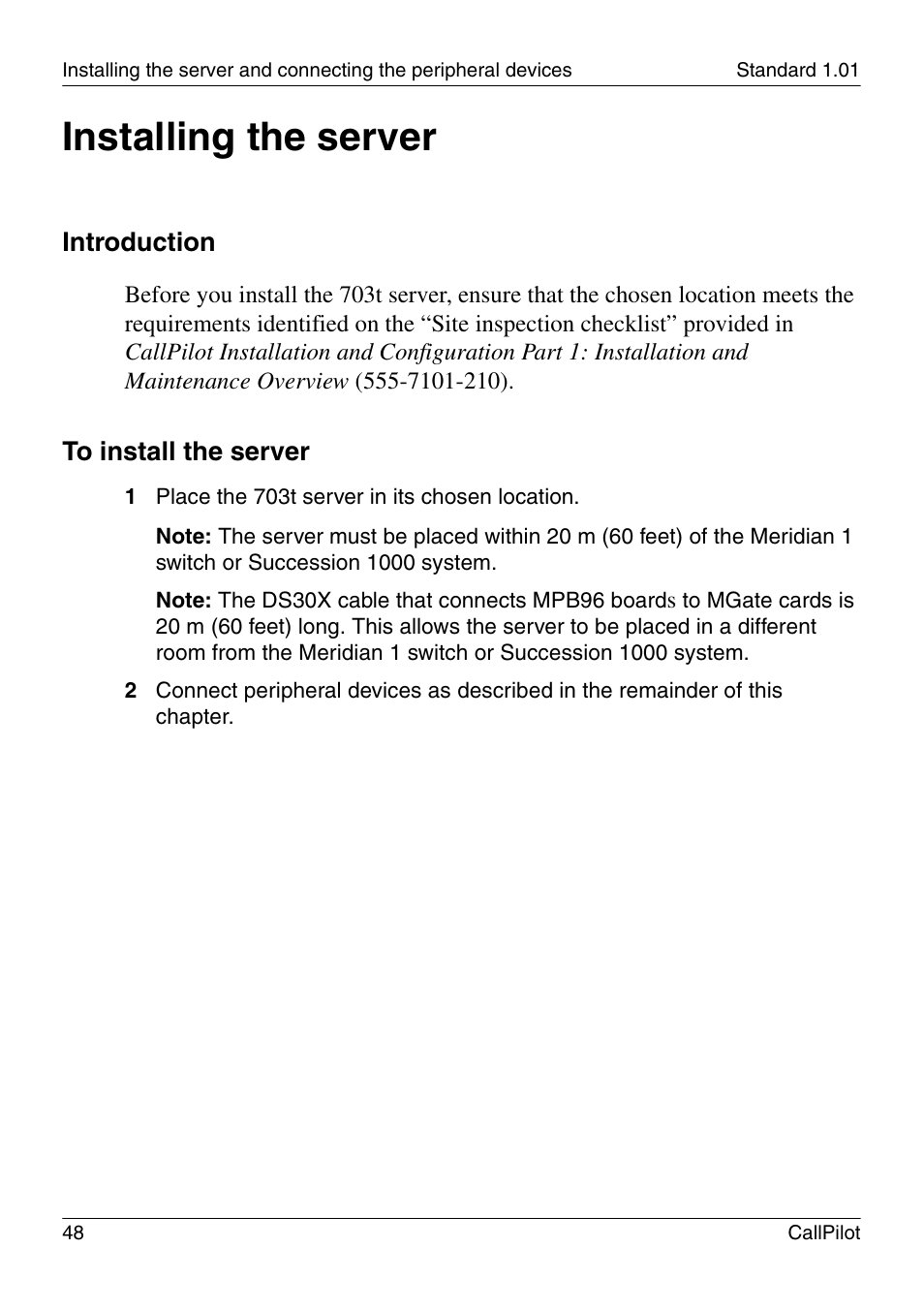 Installing the server, Introduction | Nortel Networks CALLPILOT 555-7101-226 User Manual | Page 48 / 72