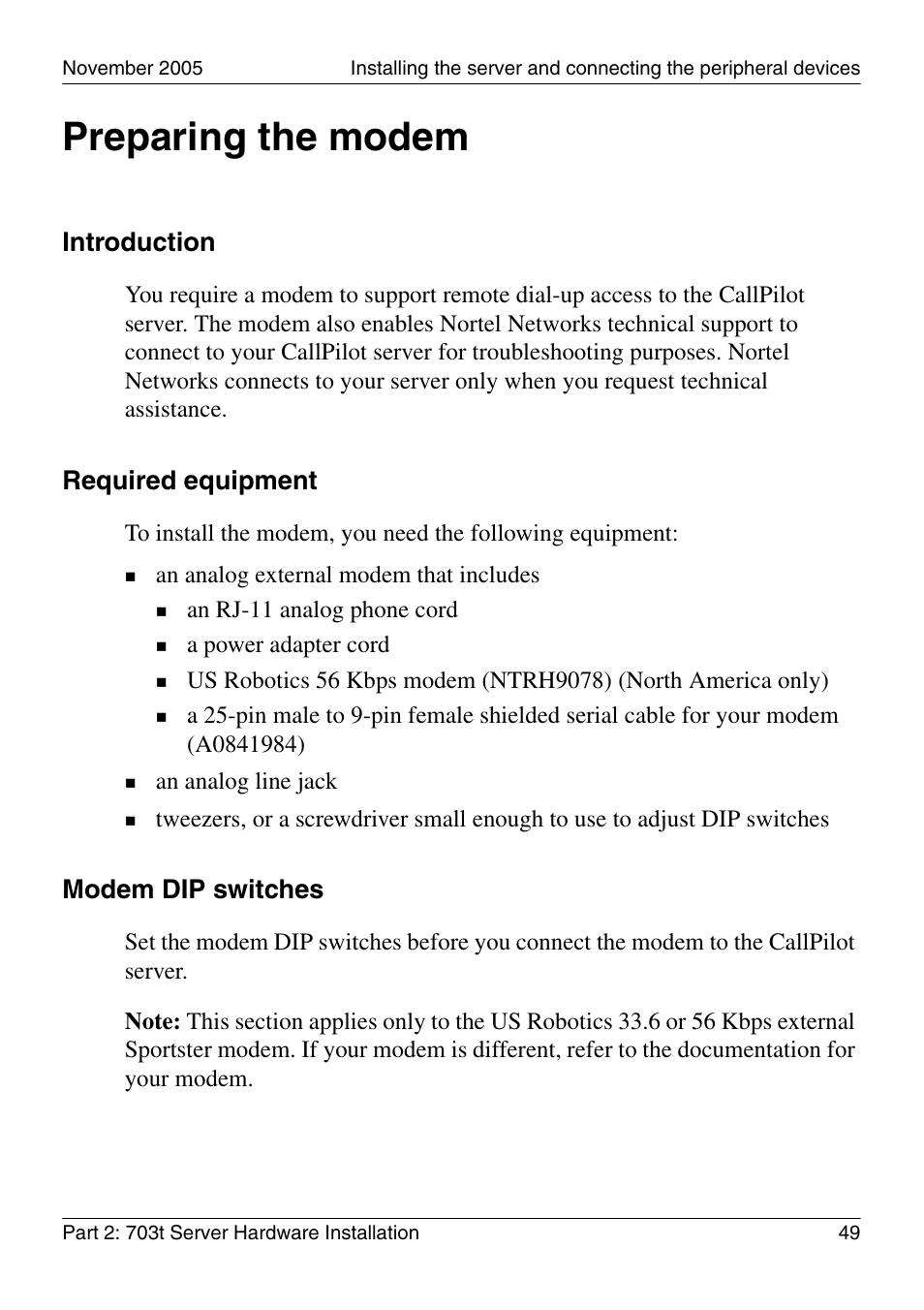 Preparing the modem, Introduction, Required equipment | Modem dip switches | Nortel Networks CALLPILOT 555-7101-226 User Manual | Page 49 / 72