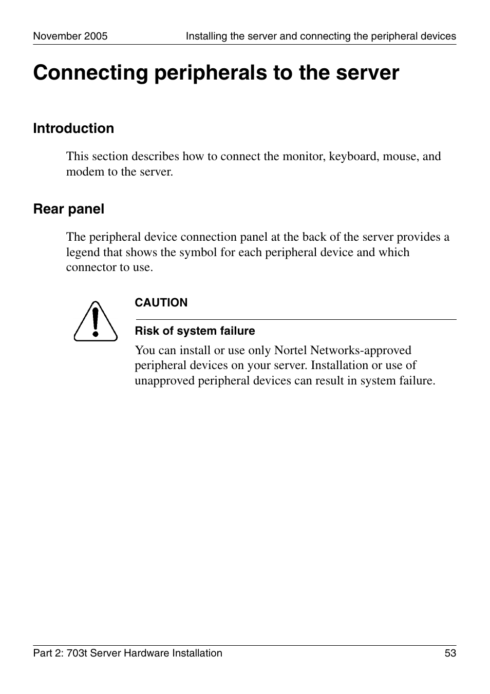 Connecting peripherals to the server, Introduction, Rear panel | Nortel Networks CALLPILOT 555-7101-226 User Manual | Page 53 / 72