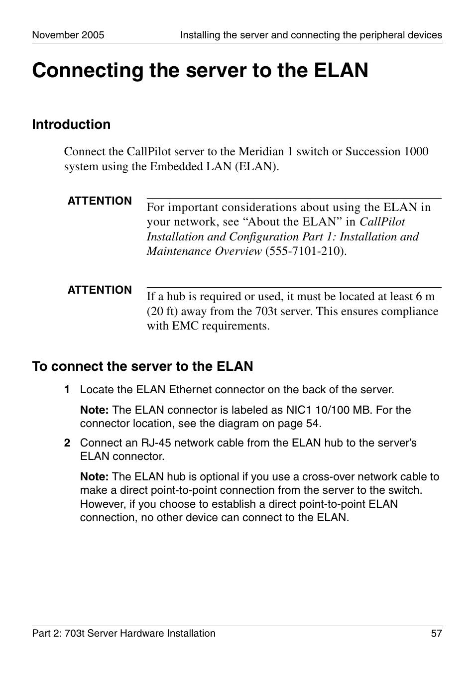 Connecting the server to the elan, Introduction | Nortel Networks CALLPILOT 555-7101-226 User Manual | Page 57 / 72