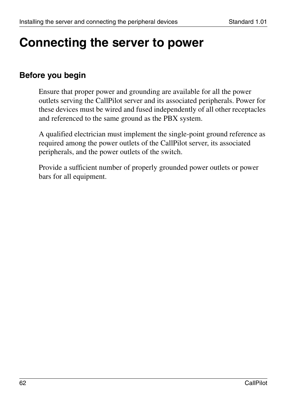Connecting the server to power | Nortel Networks CALLPILOT 555-7101-226 User Manual | Page 62 / 72