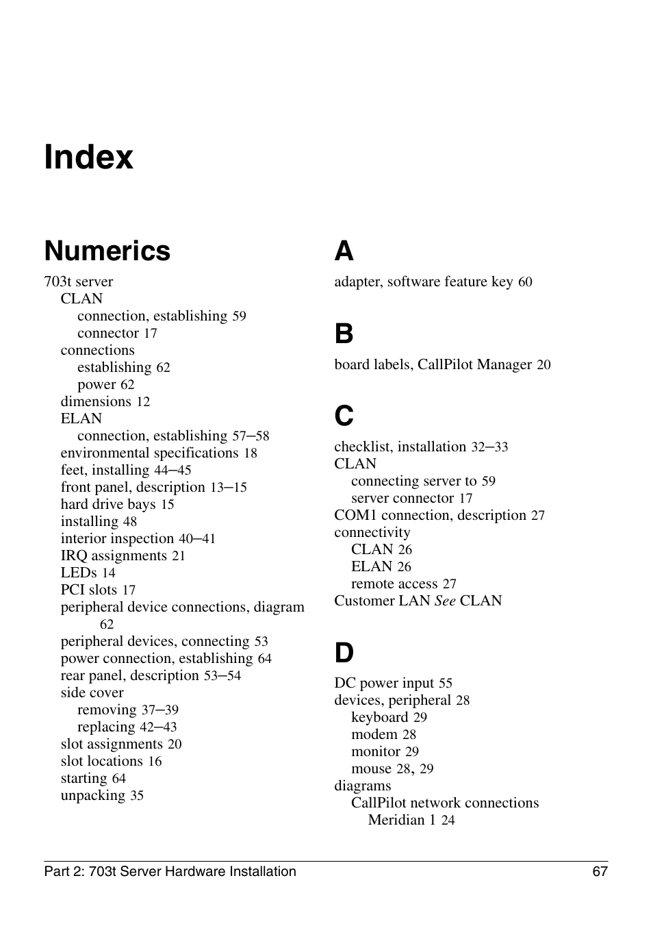 Index, Numerics | Nortel Networks CALLPILOT 555-7101-226 User Manual | Page 67 / 72