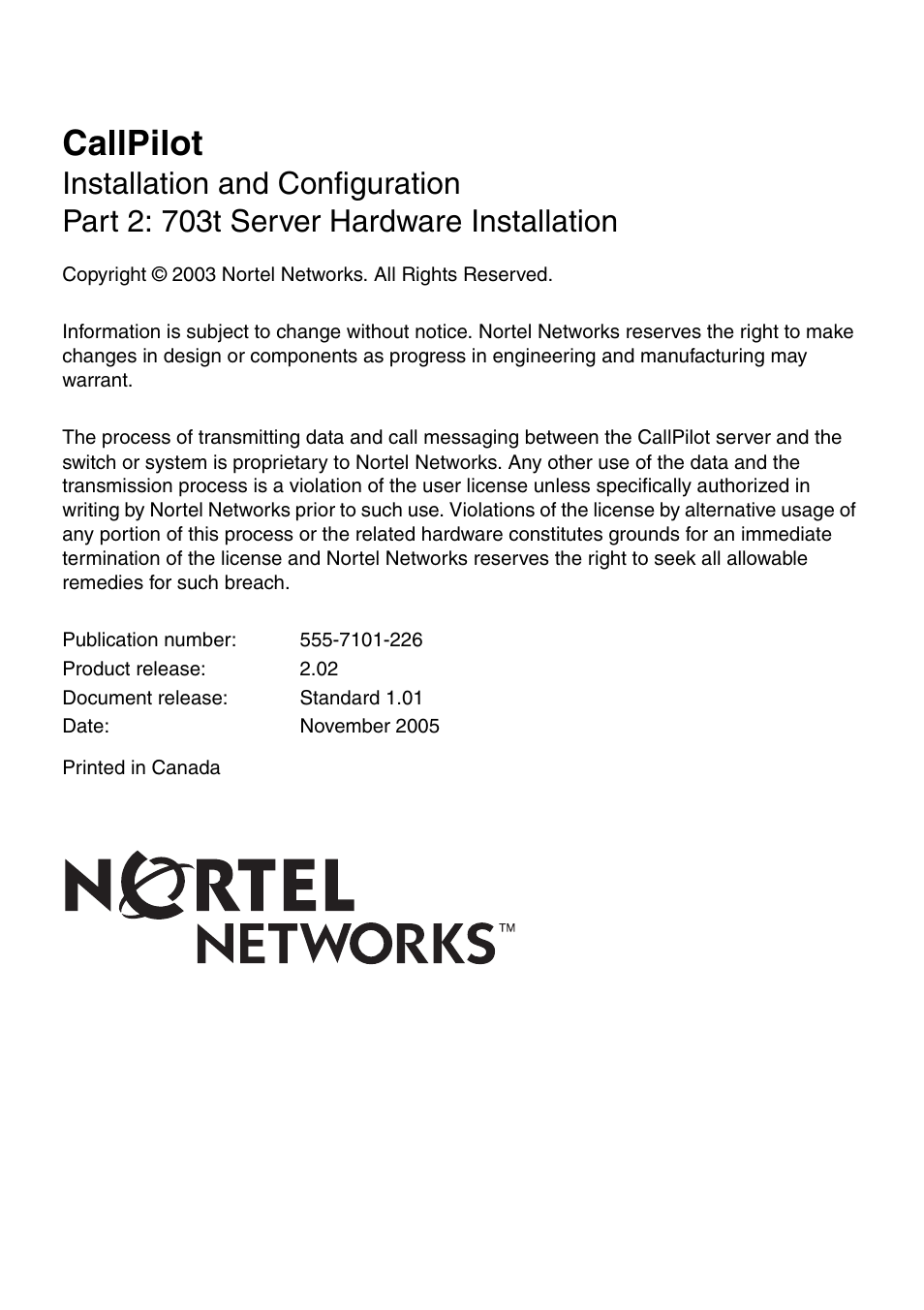 Callpilot | Nortel Networks CALLPILOT 555-7101-226 User Manual | Page 72 / 72