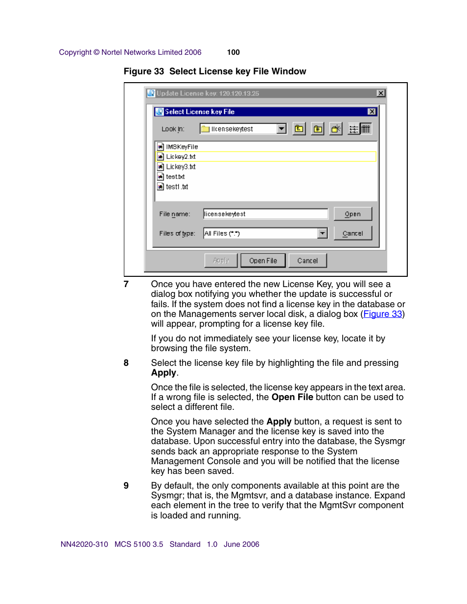 N in, Figure 33, select license key file window | Nortel Networks Sun Fire V210 (RoHS) User Manual | Page 100 / 176