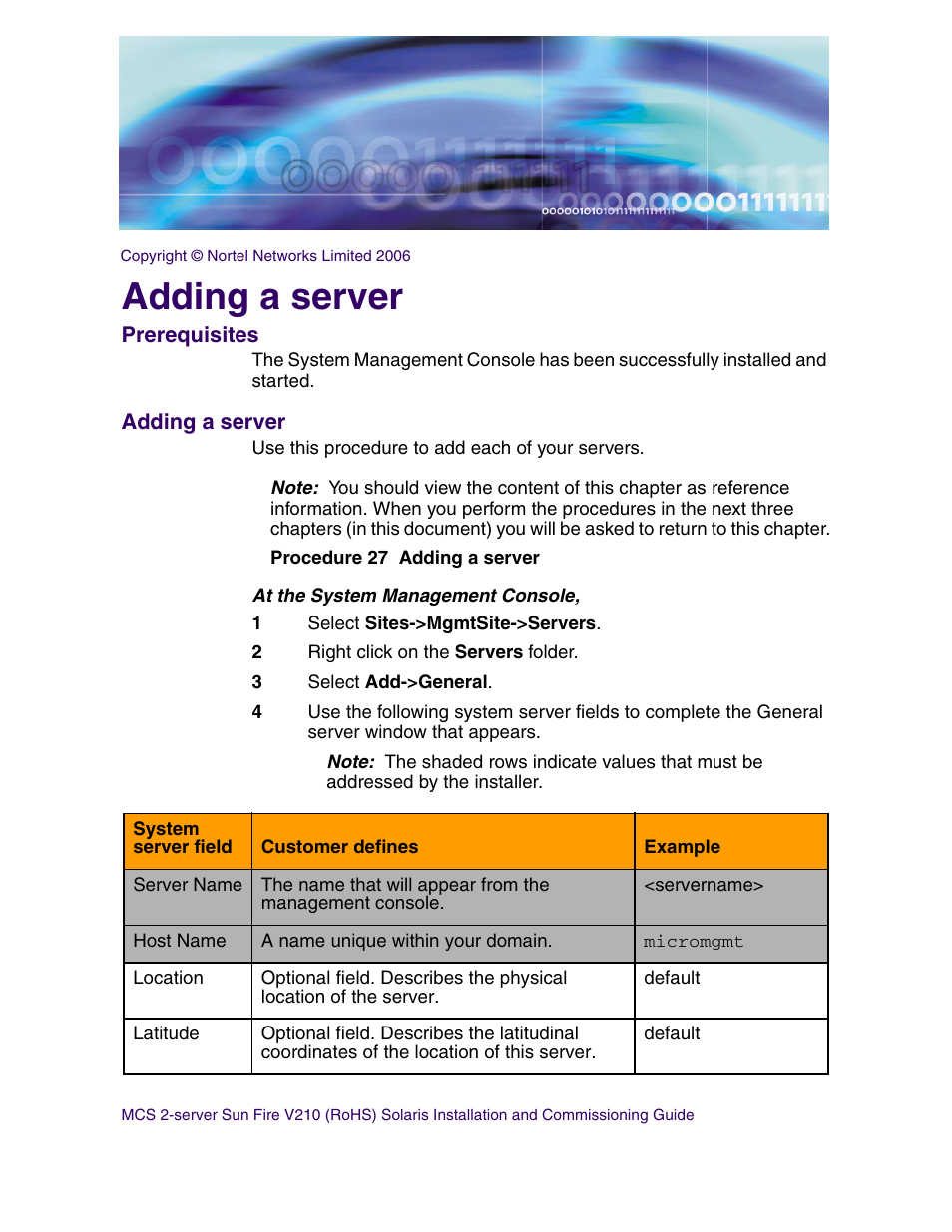 Adding a server, Prerequisites, Adding a server prerequisites | Nortel Networks Sun Fire V210 (RoHS) User Manual | Page 103 / 176
