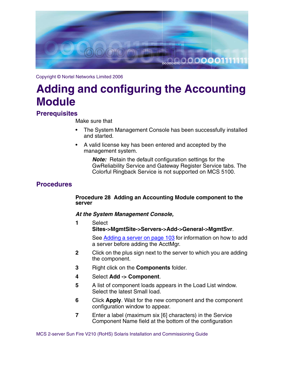 Adding and configuring the accounting module, Prerequisites, Procedures | Nortel Networks Sun Fire V210 (RoHS) User Manual | Page 105 / 176