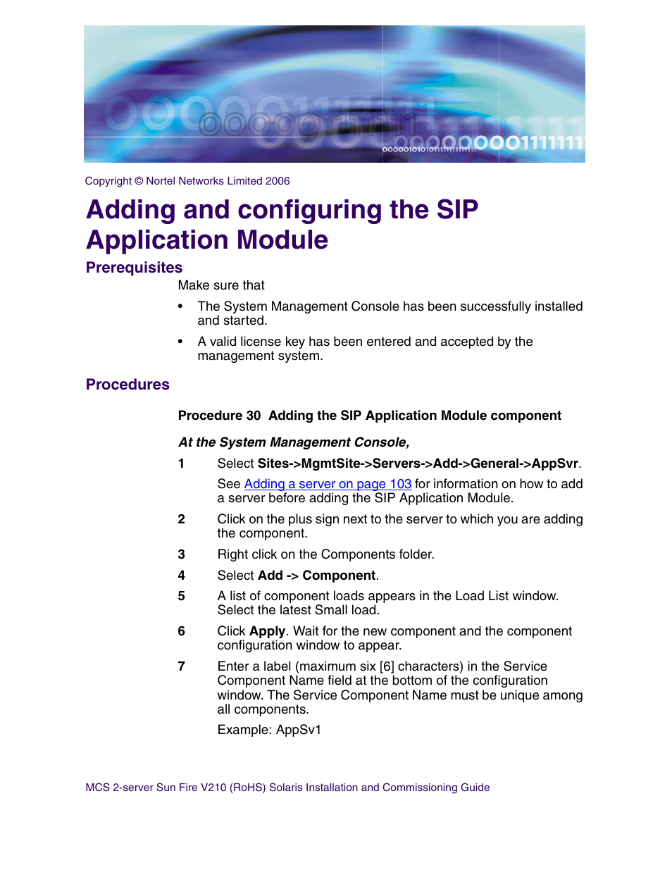 Adding and configuring the sip application module, Prerequisites, Procedures | Nortel Networks Sun Fire V210 (RoHS) User Manual | Page 109 / 176