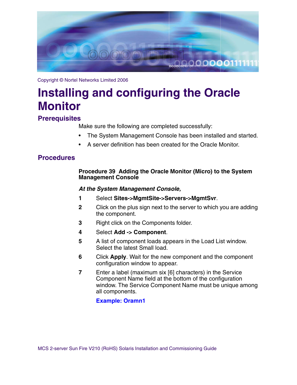Installing and configuring the oracle monitor, Prerequisites, Procedures | Nortel Networks Sun Fire V210 (RoHS) User Manual | Page 141 / 176