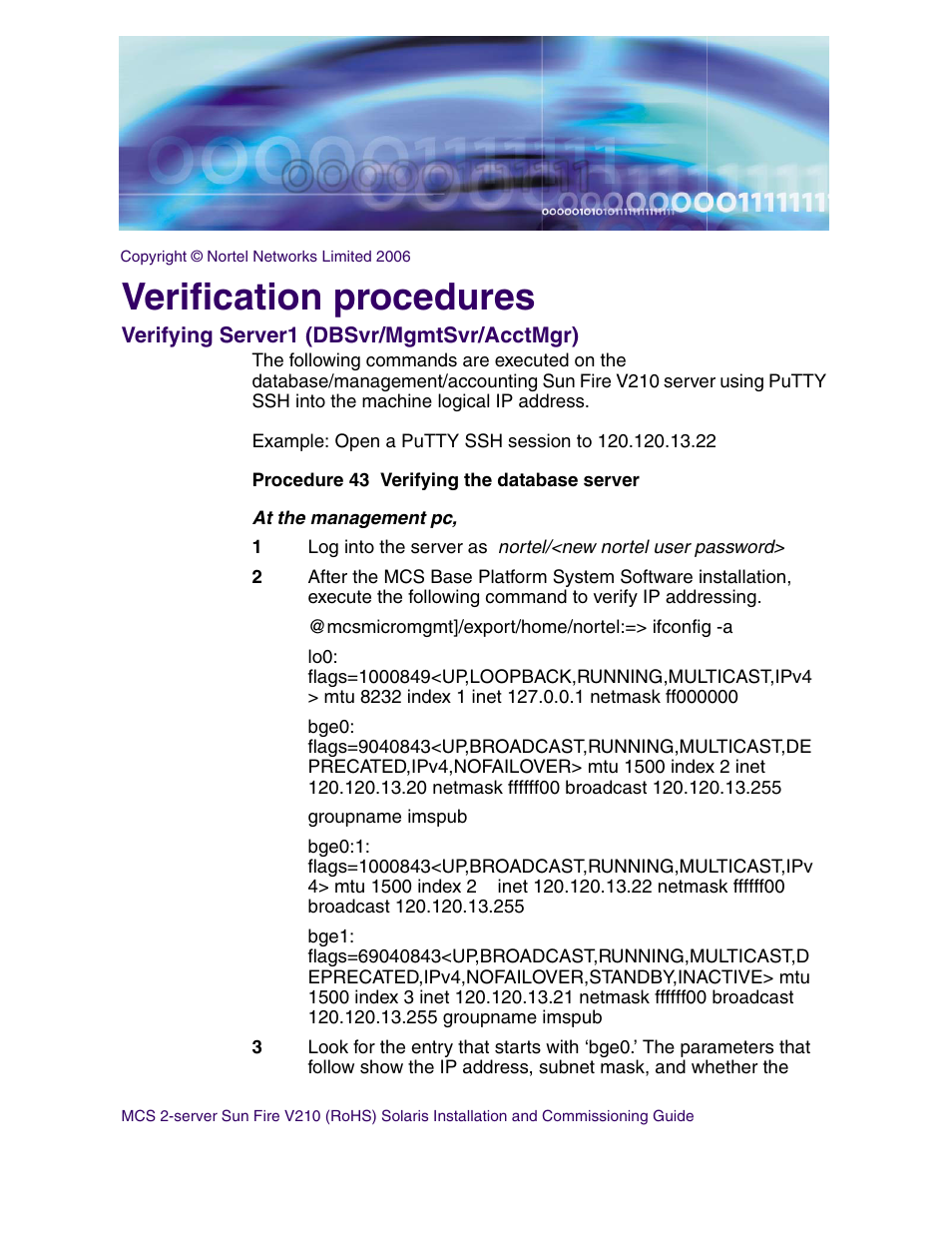 Verification procedures, Verifying server1 (dbsvr/mgmtsvr/acctmgr) | Nortel Networks Sun Fire V210 (RoHS) User Manual | Page 163 / 176