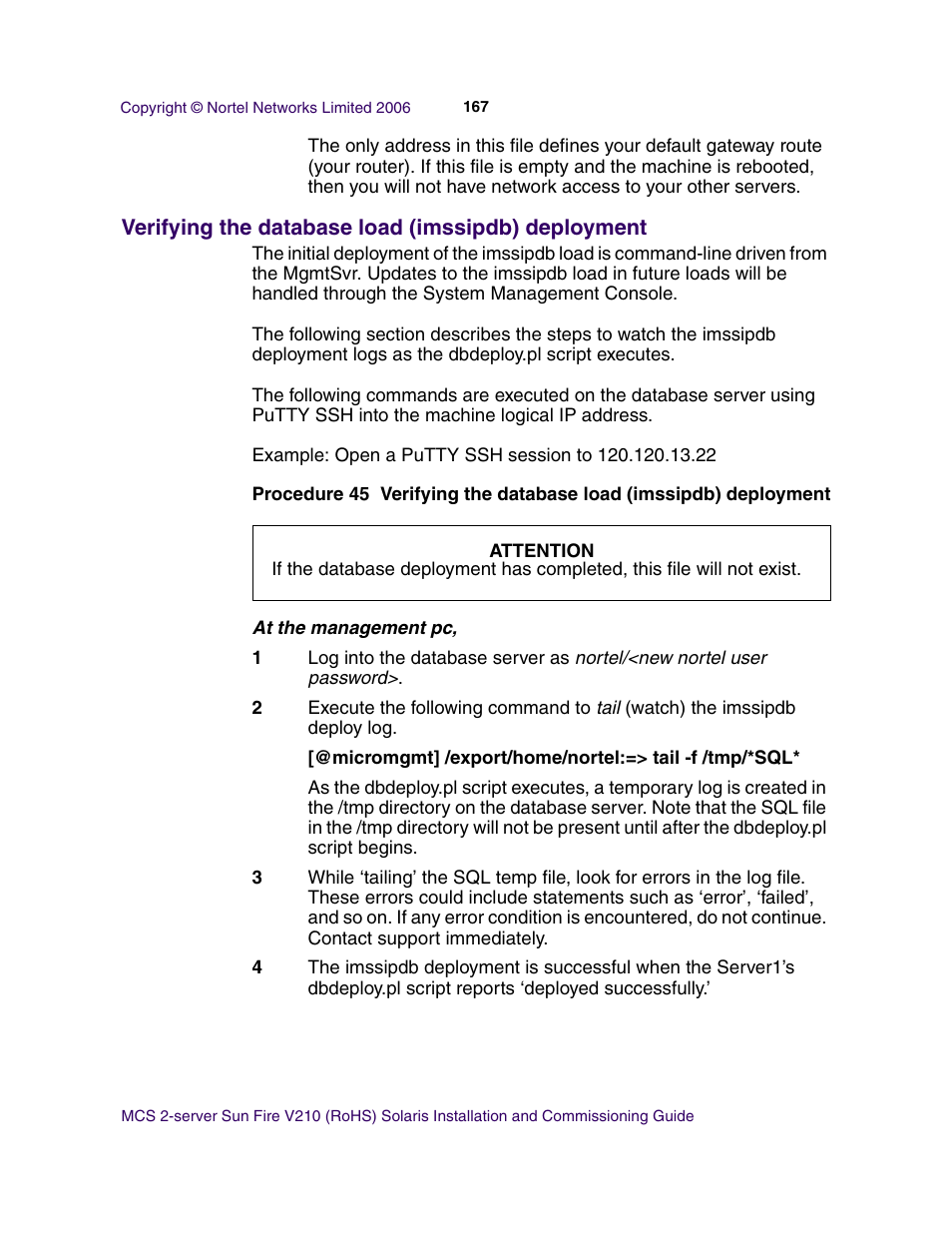 Verifying the database load (imssipdb) deployment | Nortel Networks Sun Fire V210 (RoHS) User Manual | Page 167 / 176
